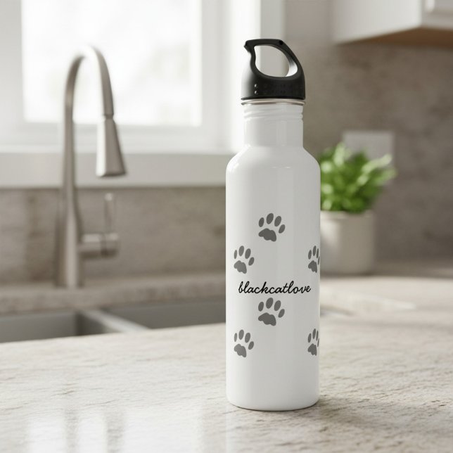 Garrafa de Água Personalizada com Impressão de Pat (Add your name to this paw print water bottle. Purrfect gift for the Cat Mom in your life)
