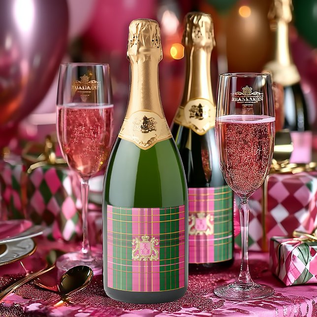 Garrafa de vinho, cor-de-rosa-chic e Xadrez verde, (Chic Pink and Green Customized Beverage Labels)