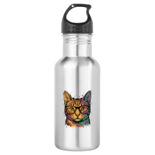 Garrafa Desenho Vetorial de Gato com Óculos Gravado Vintag