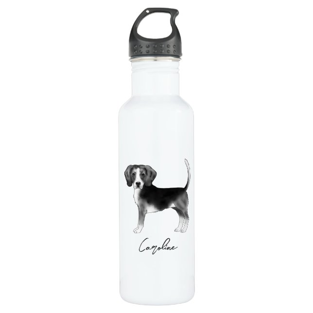 Garrafa Design De Cão De Beagle Em Preto E Branco Com Nome (Frente)