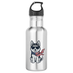 Garrafa Design Vetorial de Cachorro Husky Patriótico Vinta