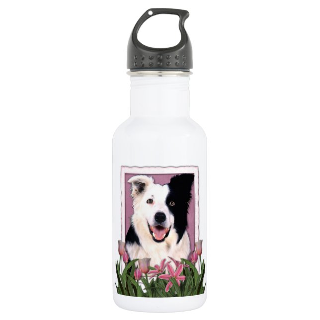 Garrafa Dia das mães - tulipas cor-de-rosa - border collie (Frente)