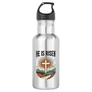 Garrafa Ele Ressuscitou Cruz Nascer do Sol Camiseta Cristã