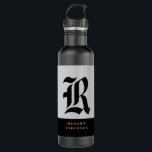 Garrafa Elegante Moderno, Dourado, Monograma<br><div class="desc">Garrafa de água,  Dourada,  branca,  elegante e preta,  de aço inoxidável.</div>