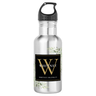 Garrafa Elegante Monograma Preto Dourado de Folhagem Moder