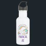 Garrafa Engraçado Unicorn Magical AF com Decoração Girly<br><div class="desc">Uma garrafa de água com uma design engraçada e fofa. Um milho branco com mana e cauda de cor pastel e 3 estrelas pequenas nas costas dela. Um arco-íris colorido. Cercado por uma coroa circular composta por nuvens, corações e flores para um talho feminino adicional. O texto diz Magical AF....</div>