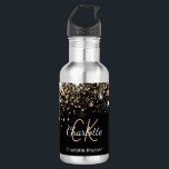 Garrafa Espelho do nome do monograma com dourado preto<br><div class="desc">Um fundo preto clássico com pontos falsos de brilho dourado. Personalize e adicione o seu nome,  as iniciais do monograma e o nome do cheio. Ouro e letras brancas.</div>