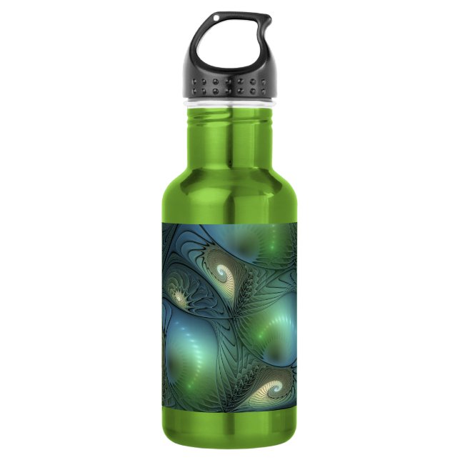 Garrafa Espirais Teal Beige Verde Abstrato Fractal (Frente)