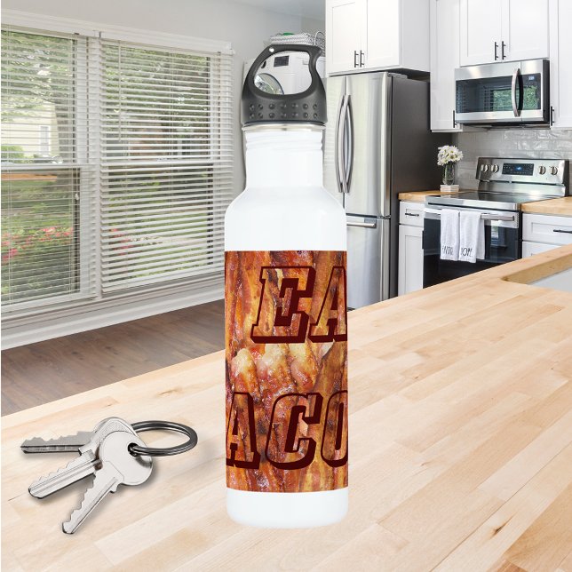 Garrafa Eu Comi Texto Bacon com Fundo (Zazzle I Eat Bacon Text with Background Water Bottle (Front))