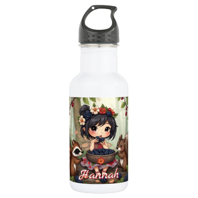 Garrafa Fada Chibi Comendo Amoras com Amigos da Floresta (Frente)