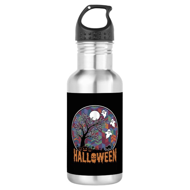 Garrafa Fantasma da Árvore Assombrada de Halloween e Gato  (Frente)