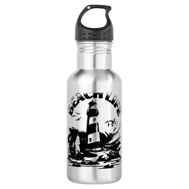 Garrafa Farol Preto e Branco Vida na Praia (Frente)
