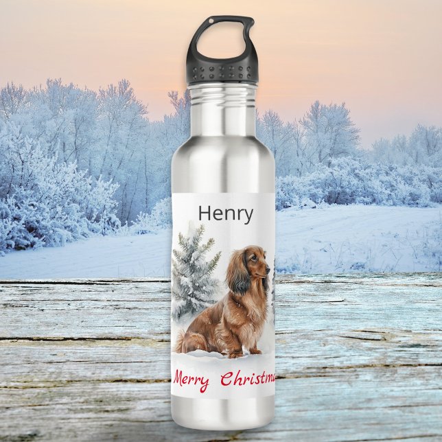 Garrafa Feliz Natal Cão de Dachshund de Cabelo Longo na Ne (A personalized water bottle with 'Merry Christmas' words and illustration of a long-haired dachshund)