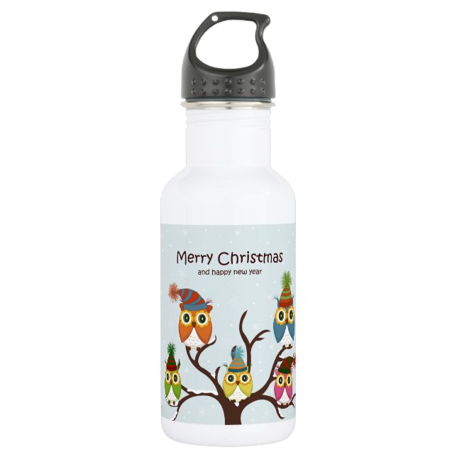 Garrafa Feliz Natal Owls na Árvore (Frente)