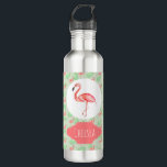Garrafa Flamingo e nome tropicais da menina<br><div class="desc">Este belo design de garrafa tropical apresenta uma linda cor-de-água rosa,  flamingo,  e um padrão de folha de selva com espaço para adicionar um nome! O perfeito design de verão tropical para qualquer garota amorosa.</div>