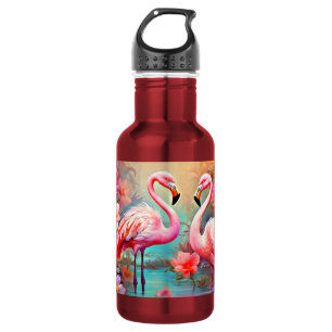 Garrafa Flamingos rosa em um lago com flores-20231
