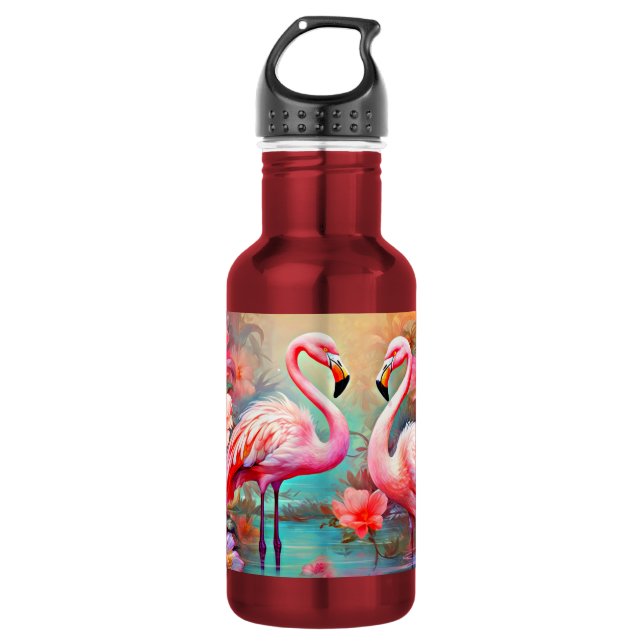 Garrafa Flamingos rosa em um lago com flores-20231 (Frente)