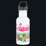 Garrafa Flamingos Rosa Tropical Personalizados<br><div class="desc">flamingos cor-de-água rosa e flores tropicais brilhantes personalizados com nome e título de festa noiva,  garrafa d'água. Personalizar estilo,  cor e tamanho da fonte de texto.</div>