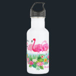 Garrafa Flamingos Rosa Tropical Personalizados<br><div class="desc">flamingos cor-de-água rosa e flores tropicais brilhantes personalizados com nome e título de festa noiva,  garrafa d'água. Personalizar estilo,  cor e tamanho da fonte de texto.</div>