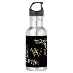 Garrafa Floral Monograma Verde Personalizado em Ouro Preto