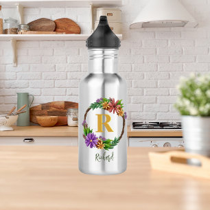 Garrafa Floral Wreath Inicial Letra Monograma Nome Marble