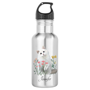 Garrafa Flores de Gatos Brancos Personalizadas   Nome pers