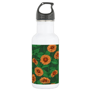 Garrafa Flores de Zinnia laranja, folhas verdes em verde e
