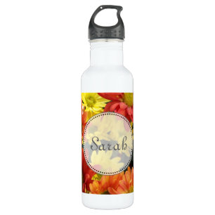 Garrafa Flores vermelhas, amarelas, cor de laranja, margar