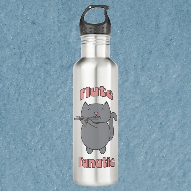 Garrafa Flute Fanatic Pink Gray Cat (A water bottle with a gray cat playing the flute with the words flute fanatic.)