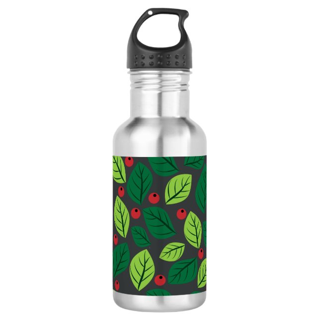 Garrafa Folhas Verdes, Frutas Vermelhas, Padrão De Folhas (Frente)