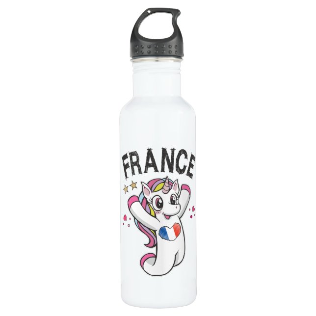 Garrafa França Soccer Fan Unicorn com bandeira cardíaca (Frente)