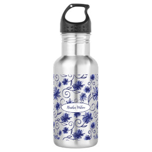 Garrafa Frasco de Água Floral Branco Azul com Nome