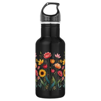 Garrafa Frasco de Água Reutilizável Preto Floral