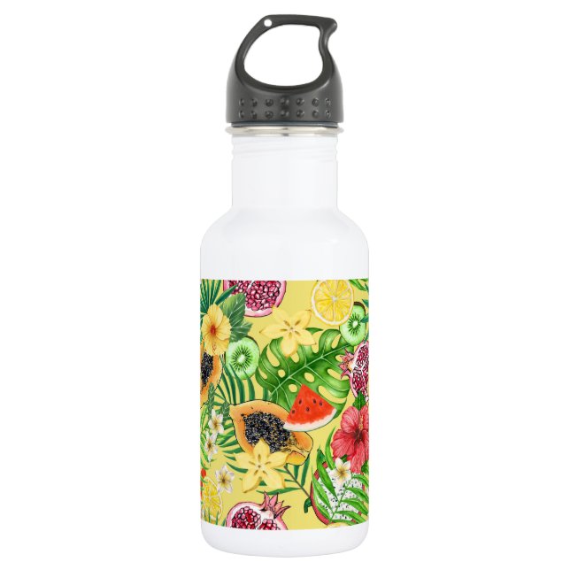 Garrafa Frutas tropicais, flores e folhas em amarelo (Frente)