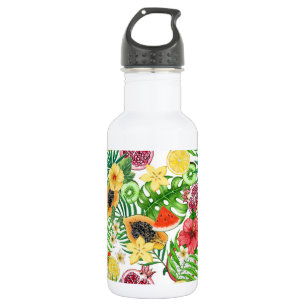 Garrafa Frutas tropicais, flores e folhas em branco