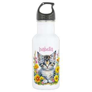 Garrafa Gatinho Cinza Personalizado e Flores Aquarela