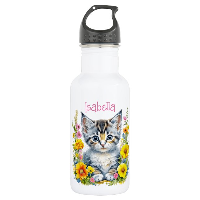 Garrafa Gatinho Cinza Personalizado e Flores Aquarela (Frente)