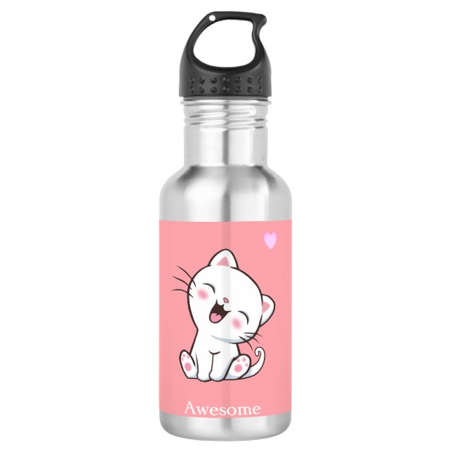Garrafa Gatinho Fofo & Coração em Rosa (Frente)