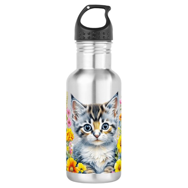 Garrafa Gatinhos e Flores de Cinza Personalizados (Frente)
