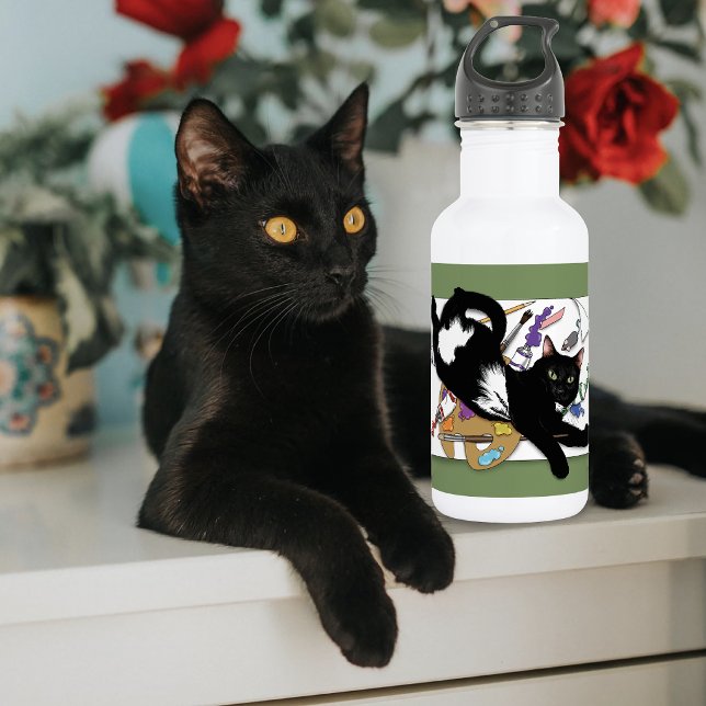 Garrafa Gato Artista Preto Divertido Pintura Humor Verde (Criador carregado)