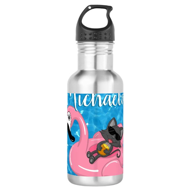 Garrafa Gato Bonito no Flamingo Rosa Flamingo Floatie Blue (Frente)