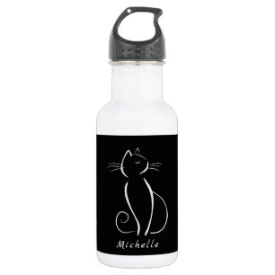 Garrafa Gato Branco Minimalista em Adicionar Nome Preto