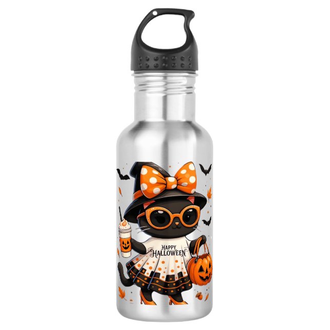 Garrafa Gato de Halloween Kawaii - Gato de Bruxas com Pump (Frente)