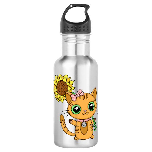 Garrafa Gato de Kawaii, Laranja, bonito, com girassol (Frente)