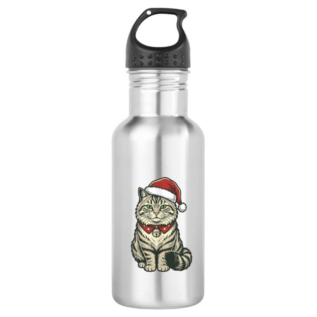 Garrafa Gato de Natal Chapéu do Papai Noel Design de Gravu (Frente)