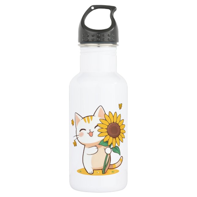 Garrafa Gato Fofo com Design Kawaii de Girassol (Frente)