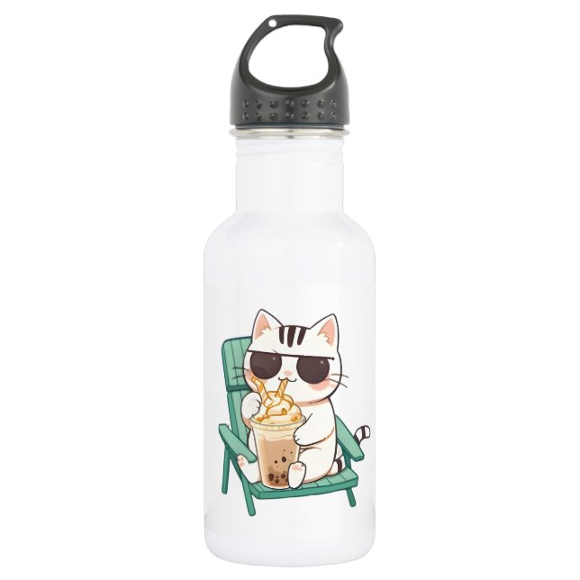 Garrafa Gato Kawaii Chibi de Óculos de Sol Bebendo Frappè (Frente)