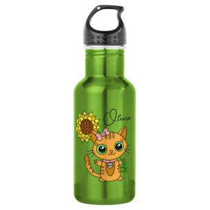 Garrafa Gato Kawaii, Cute Personalizado, Segurando Flor