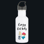 Garrafa Gato Louco e 4 Gatos<br><div class="desc">Garrafa d'água com as palavras: "Senhora Louca de Gato" escrita em letra de moda. 4 gatos bonitos abaixo do texto. Cada gato tem uma personalidade única. Um é um gato legal com óculos de sol e uma gravata, outro é um gato sonolento, um é um gato olhando, e um é...</div>