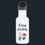 Garrafa Gato Louco e 4 Gatos<br><div class="desc">Garrafa d'água com as palavras: "Senhora Louca de Gato" escrita em letra de moda. 4 gatos bonitos abaixo do texto. Cada gato tem uma personalidade única. Um é um gato legal com óculos de sol e uma gravata, outro é um gato sonolento, um é um gato olhando, e um é...</div>